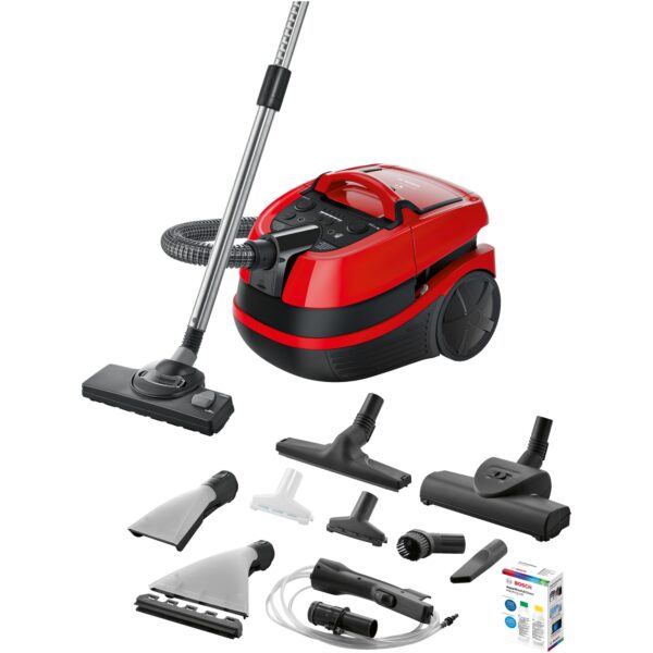 Aspirator cu spalare Bosch BWD421PET, 2100 W, filtru Hepa, perie turbo, perie saltea, reglare electronica a puterii, Rosu/Negru