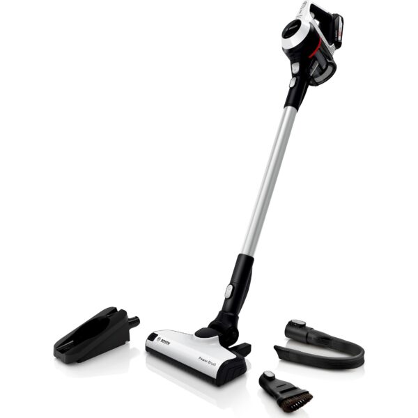 Aspirator vertical multifunctional Bosch Unlimited BCS61113, Acumulator interschimbabil de 18 V (2.5Ah), Perie motorizata AllFloor, Filtru igenic, Volum recipient XL, Alb/Negru