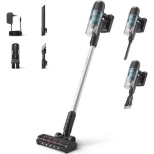 Aspirator vertical Philips XC3031/01, seria 3000, sistem de filtrare in 3 etape, autonomie 60 de minute, cap de aspirare cu LED, negru/argintiu